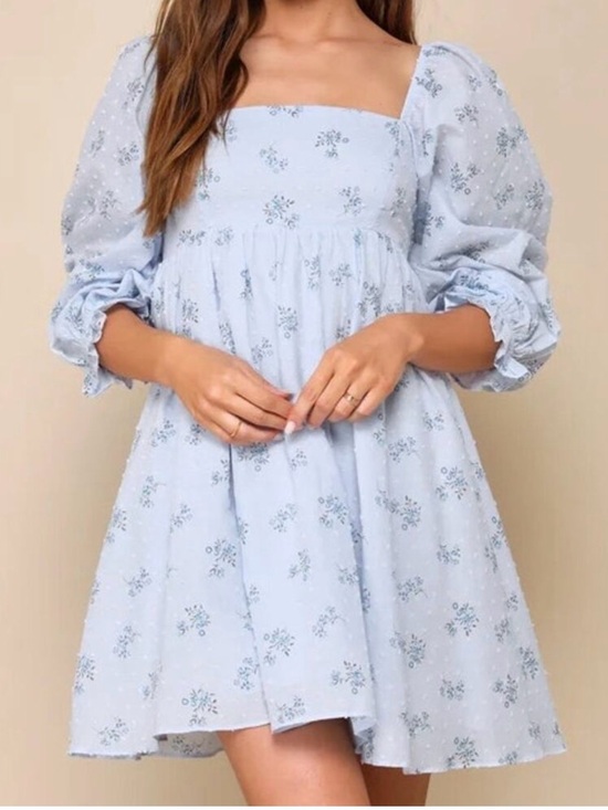 Lulus Dresses & Skirts - Lulus Always Charming Light Blue Floral Swiss Dot Babydoll Mini Dress Large